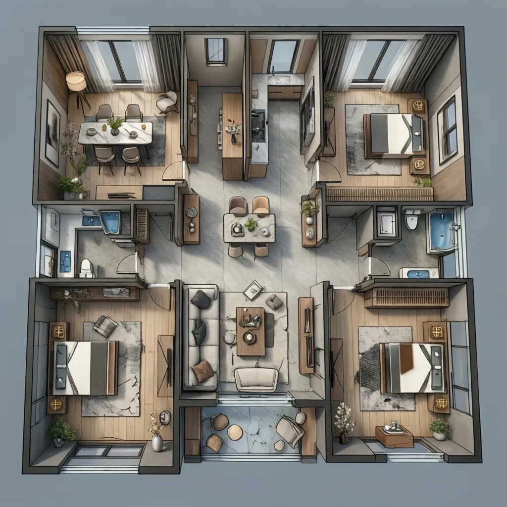 Denah rumah open plan dengan ruang tamu dan dapur menyatu
