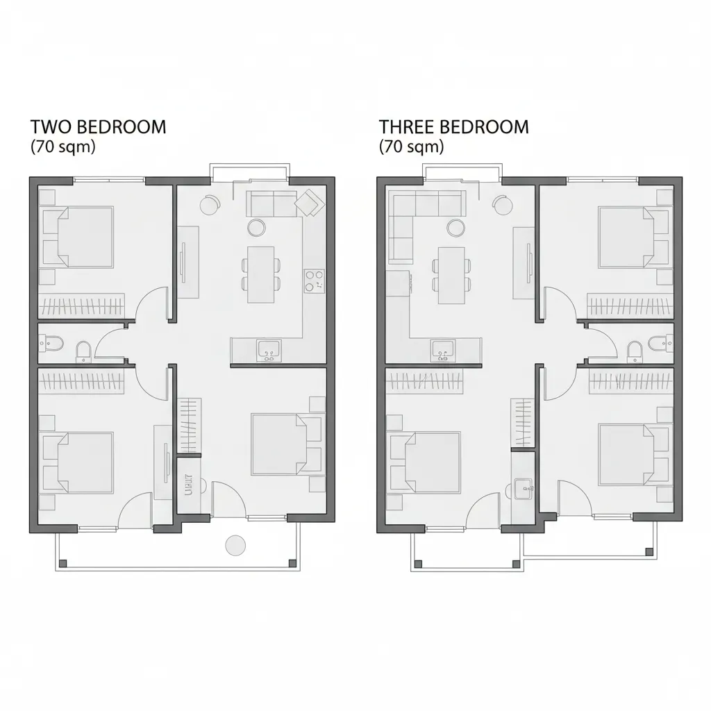 Perbandingan denah rumah tipe 70 dua kamar dan tiga kamar