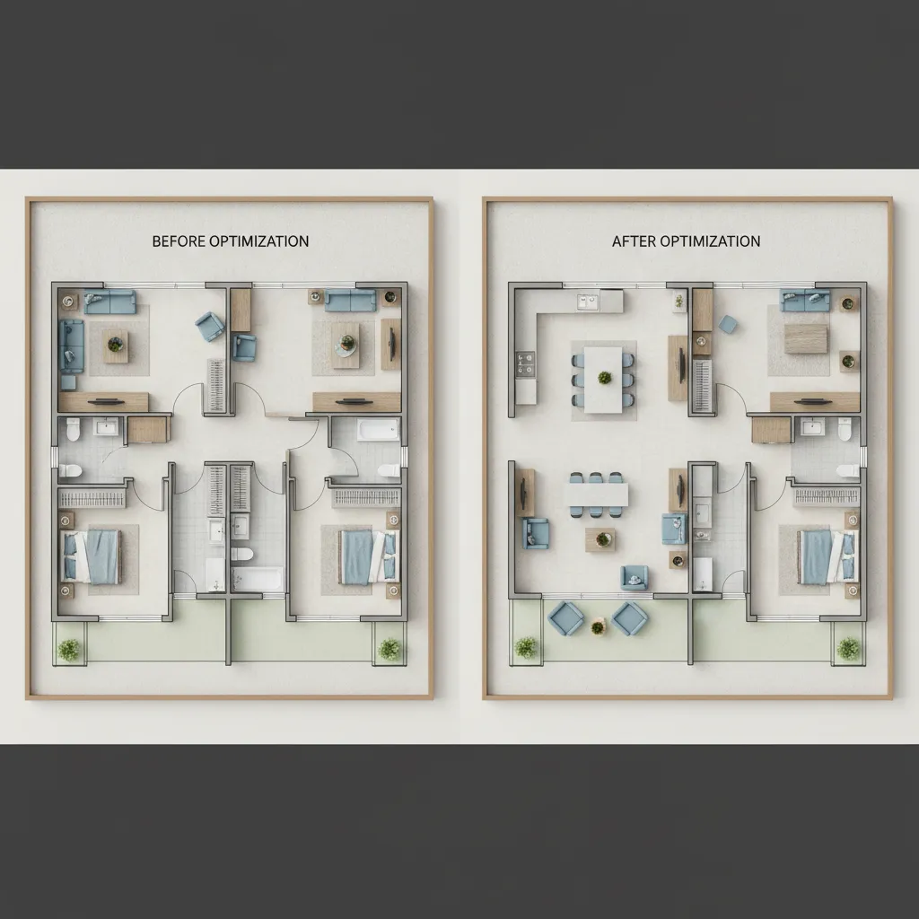 Before and after comparison showing house floor plan layout changes with furniture and room details