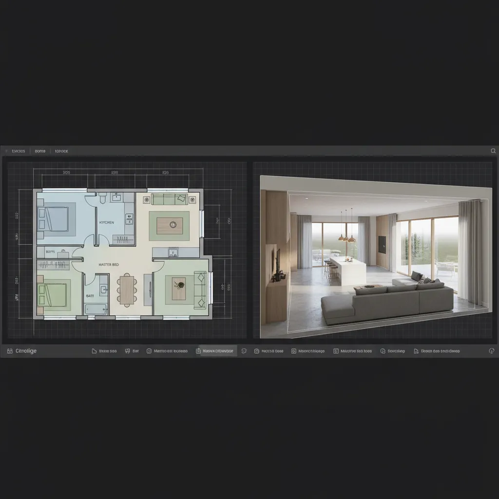 Side by side comparison showing a 2D house floor plan and 3D interior design drawing