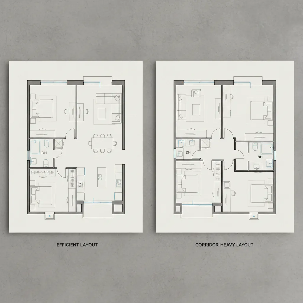 Comparison of two floor plans showing efficient room layout versus a corridor heavy house design