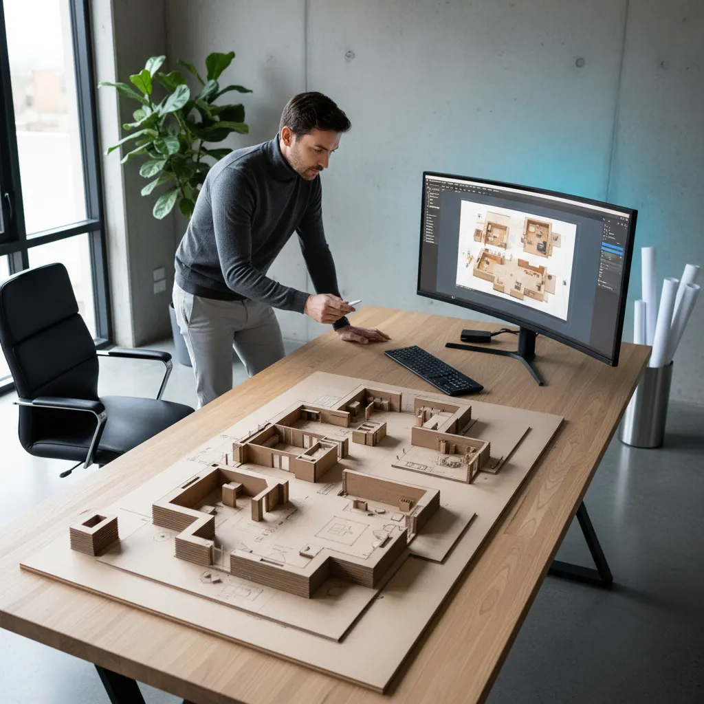 Perbandingan model rumah dari kardus dan desain digital di layar komputer