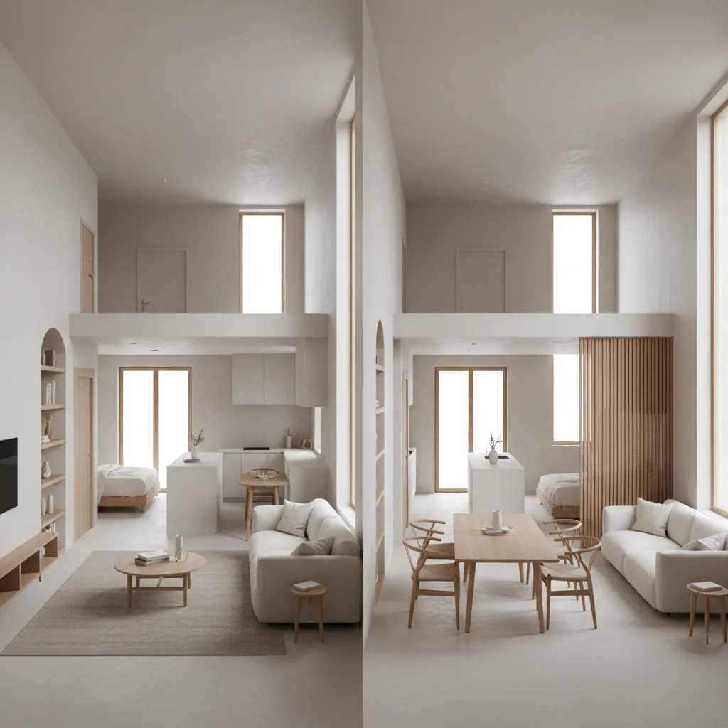 Side by side comparison of living room layout and dining area with a wall panel