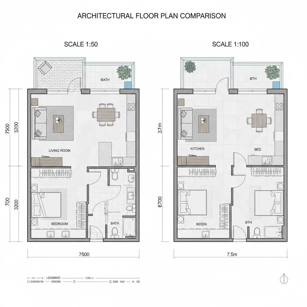 Side by side comparison of two apartment floor plan drawings using different scales for design