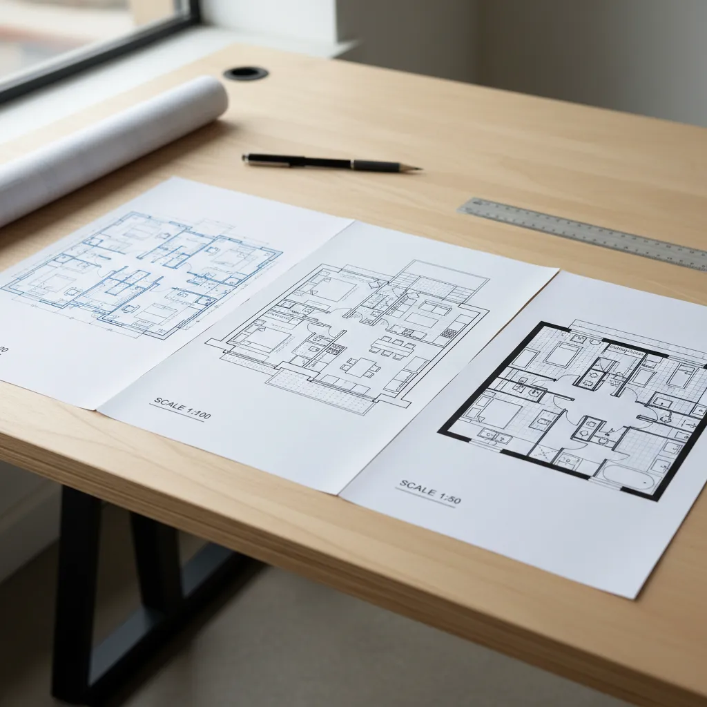Three floor plan drawings showing different scales on wooden table with a pen and ruler