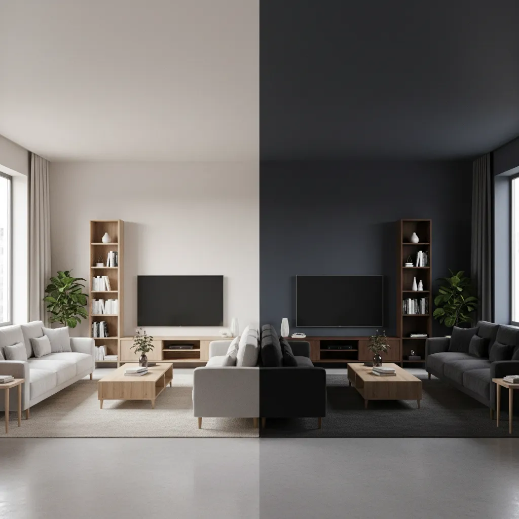 Comparison of a living room layout with light cream walls versus dark blue wall colors