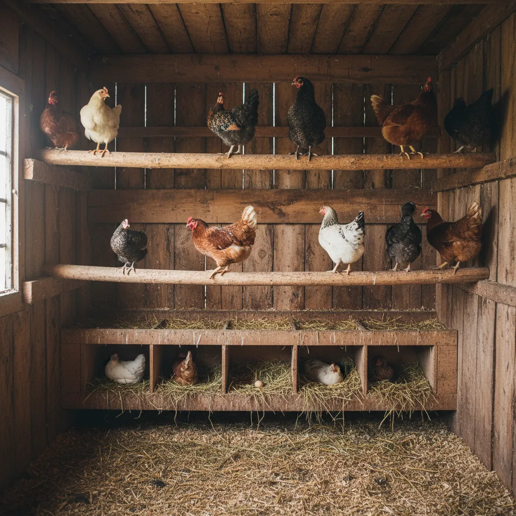 Perchas de madera correctamente instaladas dentro de un gallinero