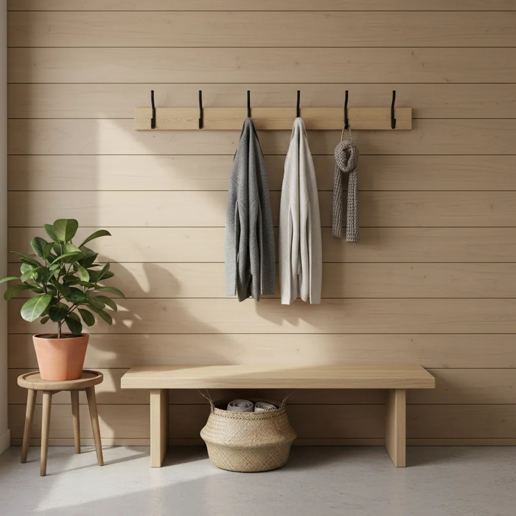 Perchero de pared moderno con ganchos metálicos en un recibidor minimalista