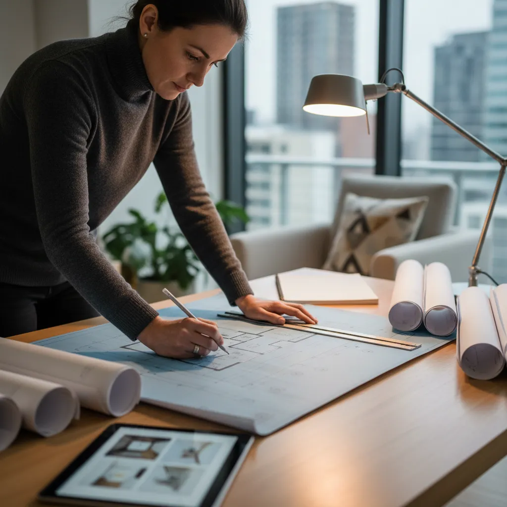 Proses perencanaan denah rumah di meja kerja arsitek