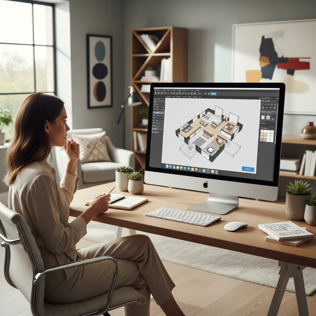 Woman sitting at desk designing 3D room layout on computer screen with interior home design software