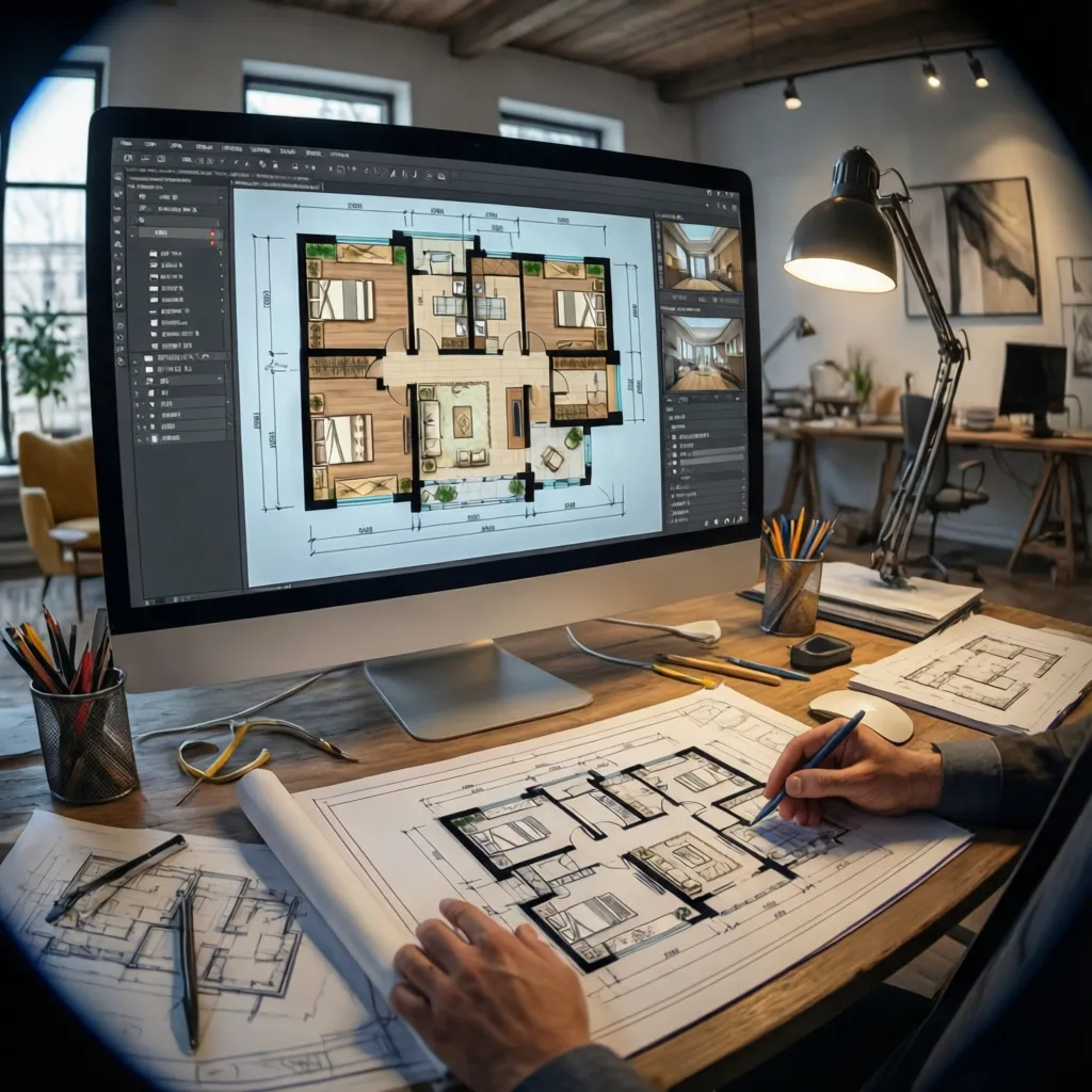 Interior design drawing on computer screen and paper sketch on desk with hands and pen