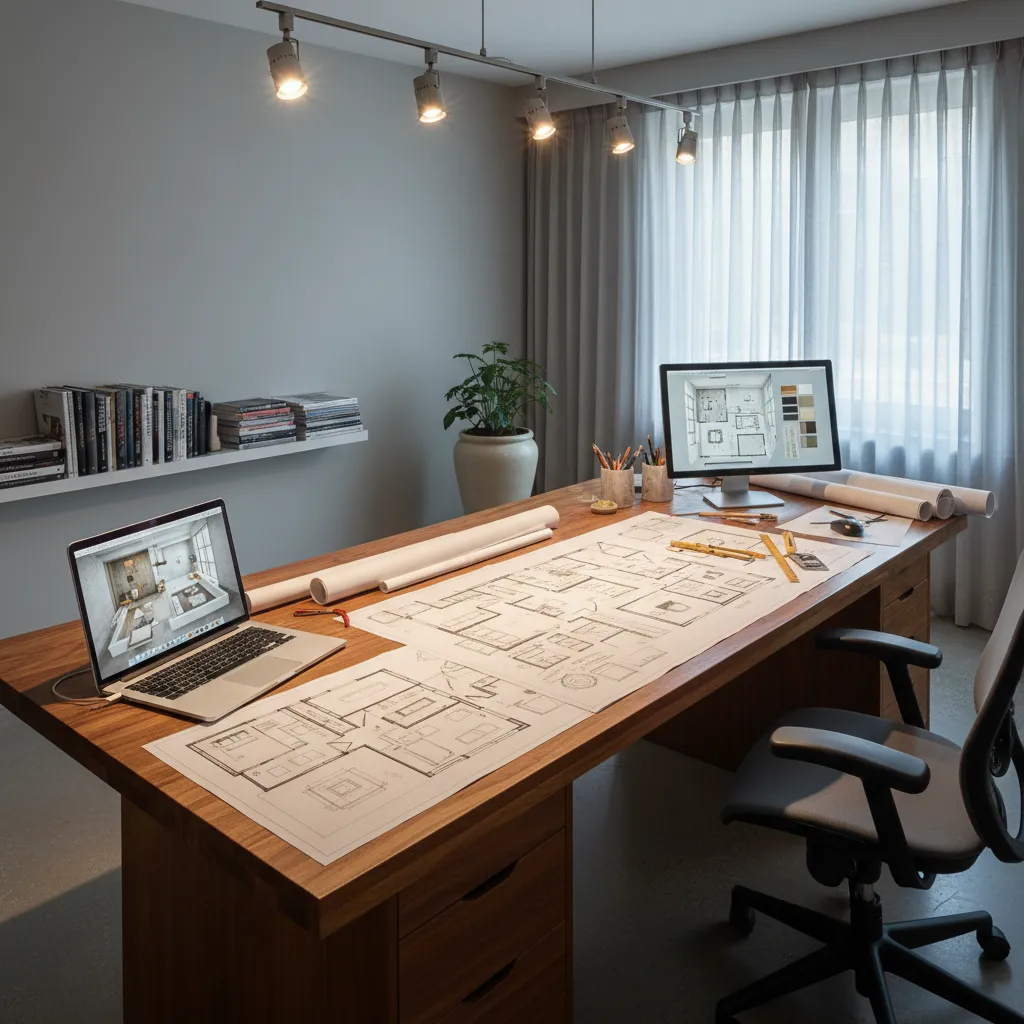 Proses perencanaan denah rumah di meja kerja desainer