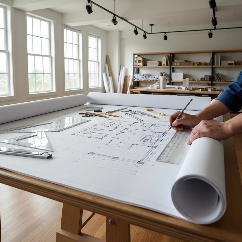 Proses merancang denah rumah di meja kerja