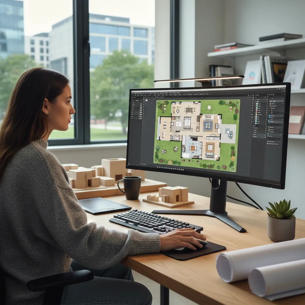 Woman using interior design software on large monitor to create house floor plan in office