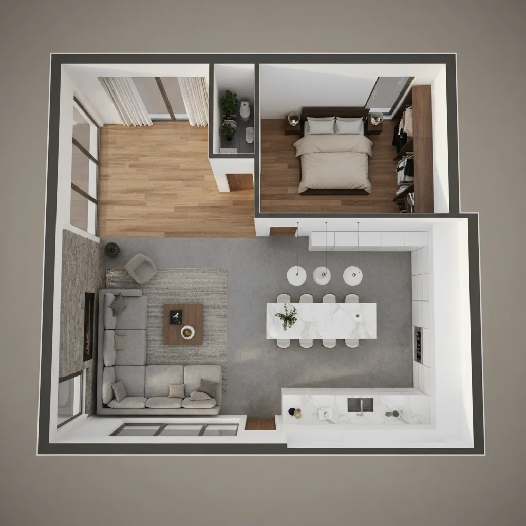 Top down room layout showing a modern apartment with living room kitchen and a bedroom