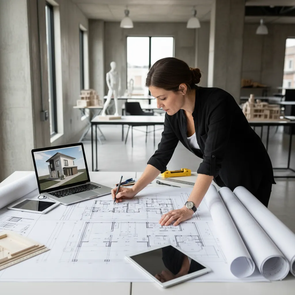 Female designer drawing on a house floor plan near a laptop showing a house design