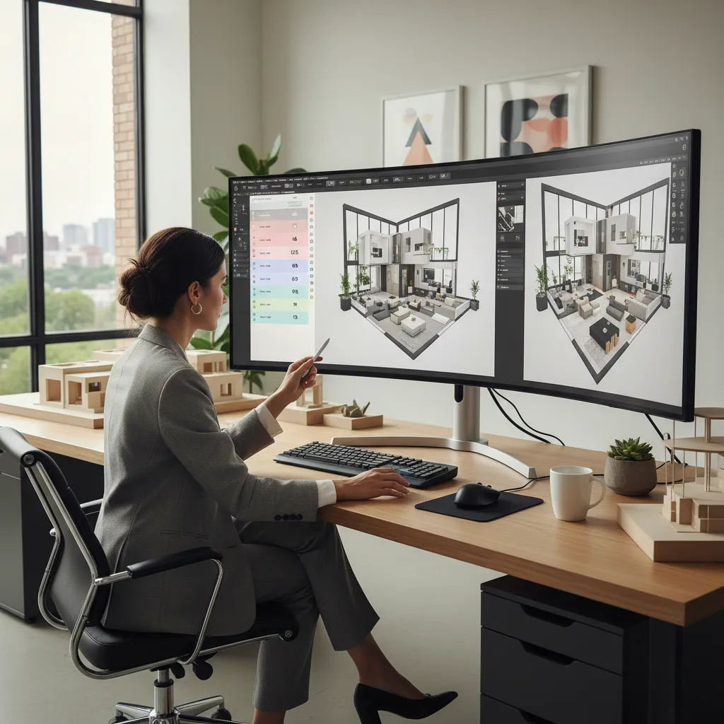 Interior designer working on a large screen showing digital room designs at a wooden desk