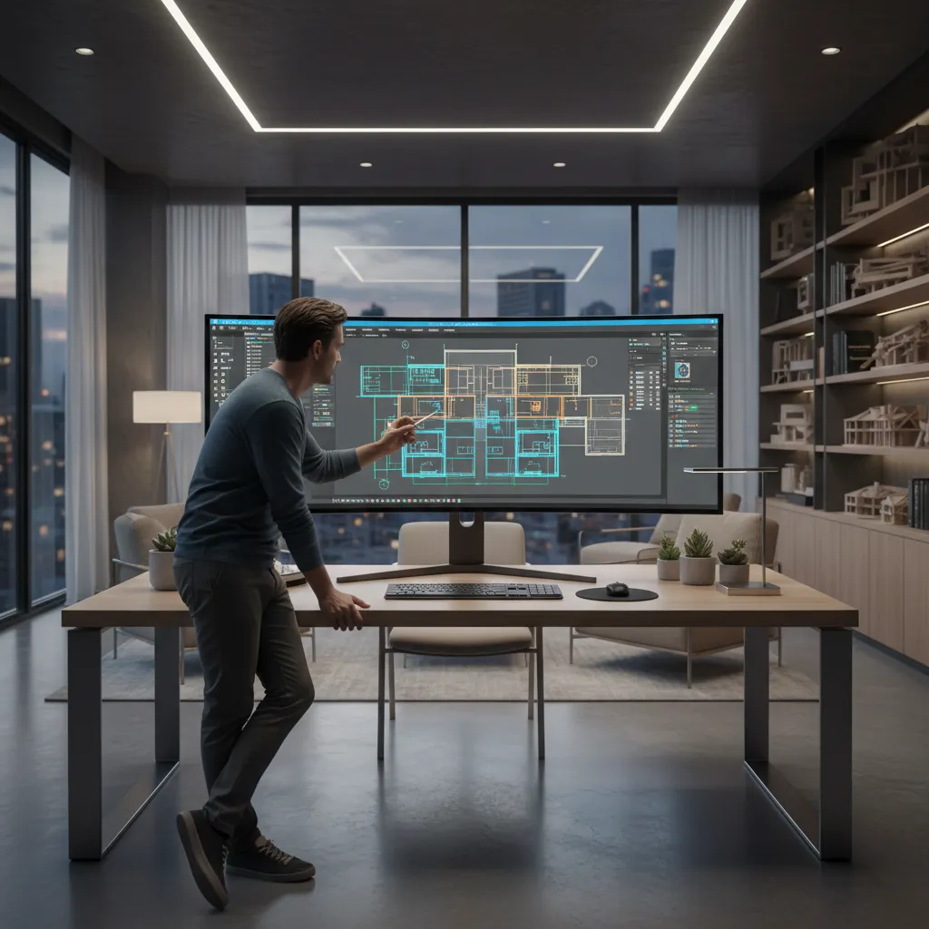 Designer looking at a large computer screen displaying a colorful floor plan in a room