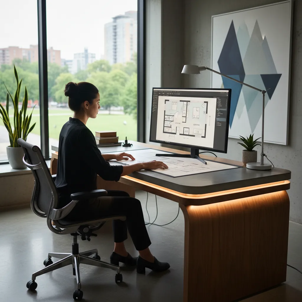 Professional designer sitting at wooden desk using computer to create a house floor plan layout