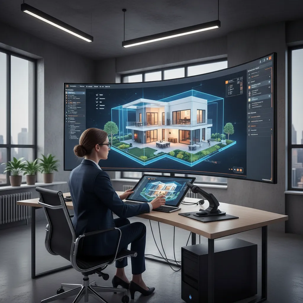 Designer using professional software to create a 3D interior design drawing on a large screen