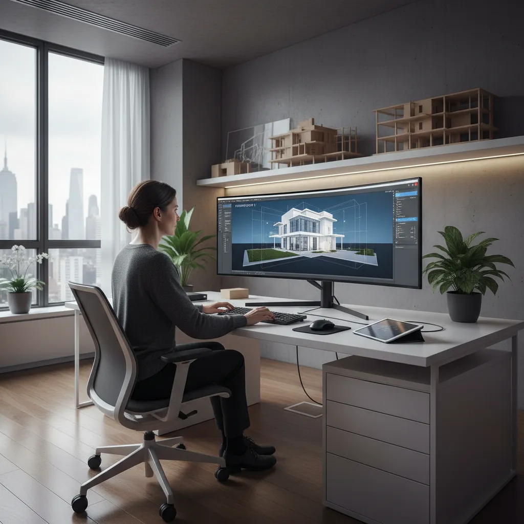 Woman sitting at desk using design software on monitor to build white 3D house model