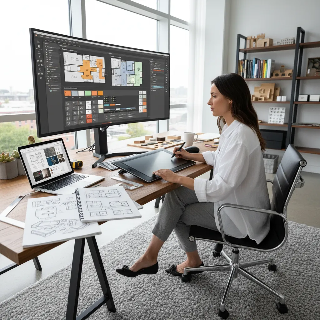 Desainer membuat denah rumah menggunakan software desain