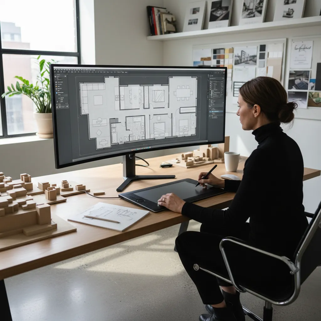 Designer using pen tablet and curved monitor to create a digital room layout plan design drawing