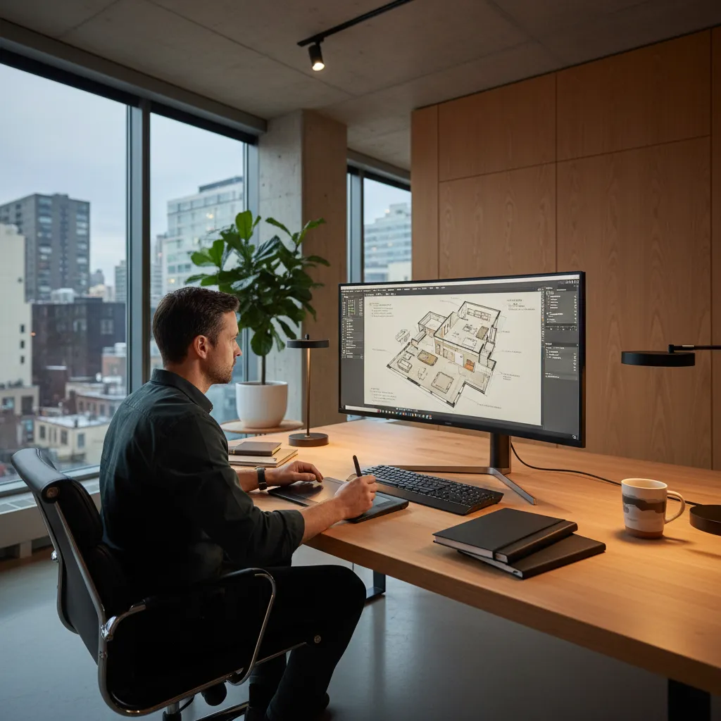 Man using drawing tablet to create 3D interior design drawing on a large desktop monitor