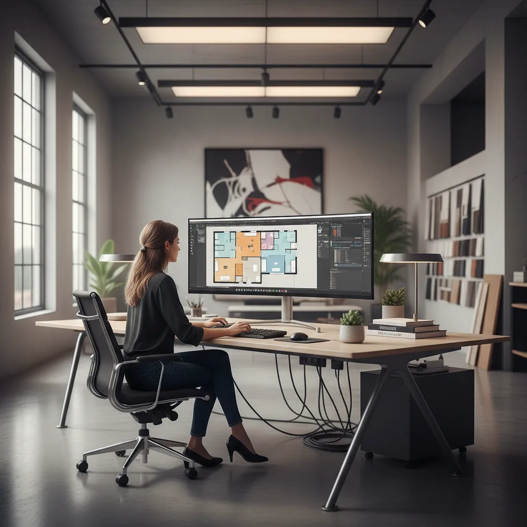 Professional designer working on colorful floor plan using a large computer monitor in an office