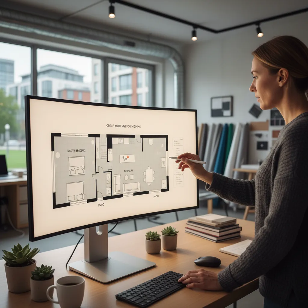 Woman using a stylus to edit a 2D floor plan layout on a desktop monitor