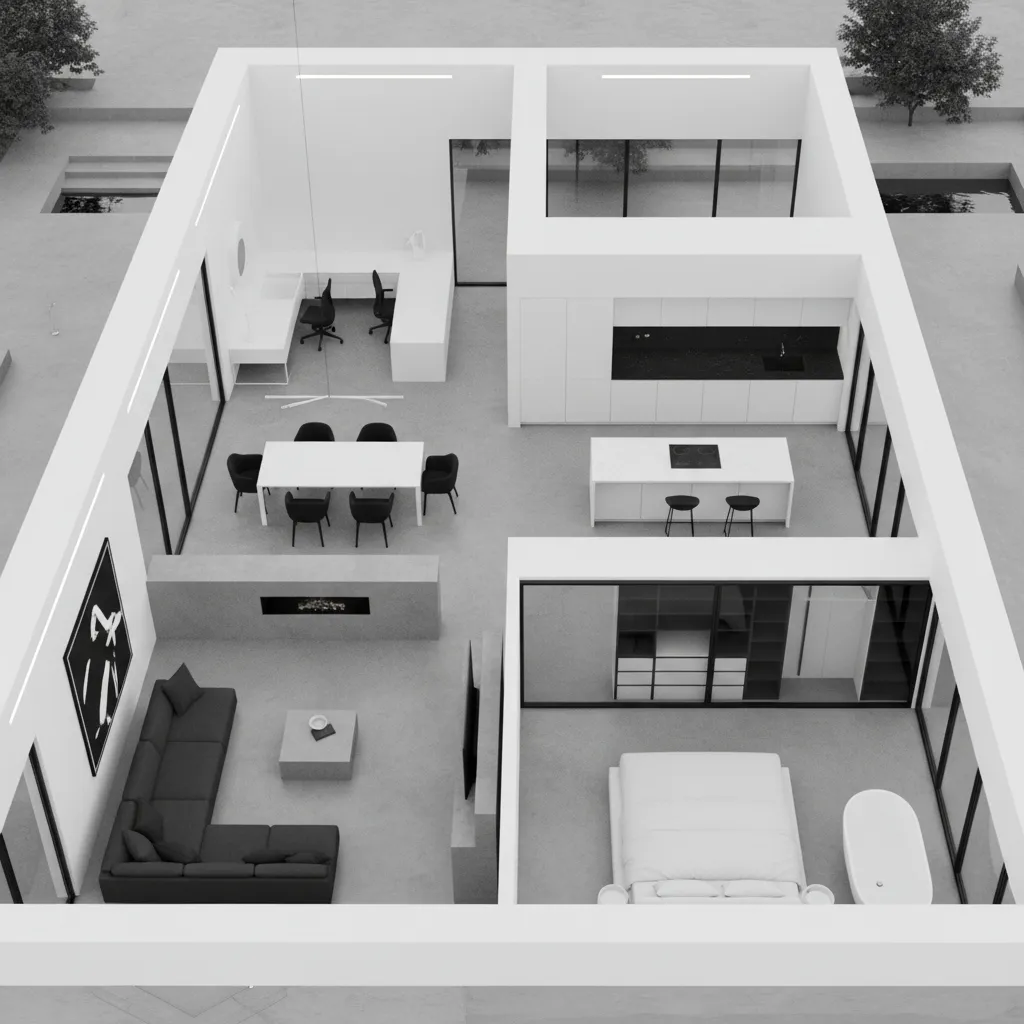 Visualisasi denah rumah minimalis modern dalam tampilan 3D