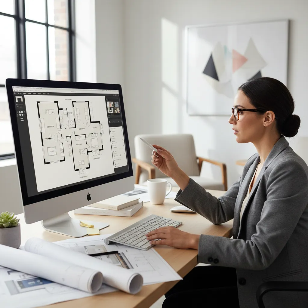 Desainer interior membuat layout rumah menggunakan komputer