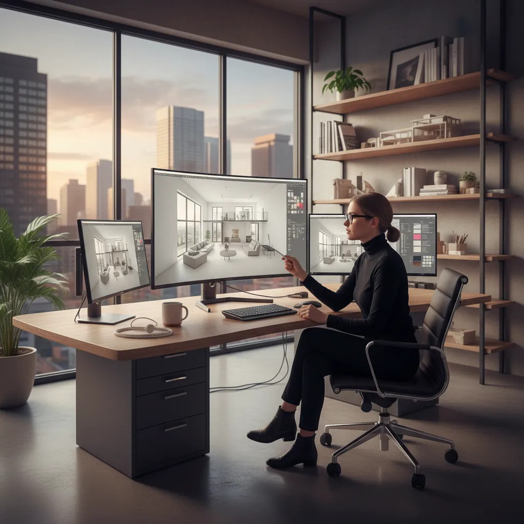 Woman sitting at desk with multiple monitors showing an interior design drawing of a room