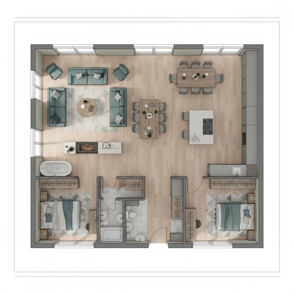 Modern two bedroom apartment interior design drawing with wood floors grey sofas and large kitchen