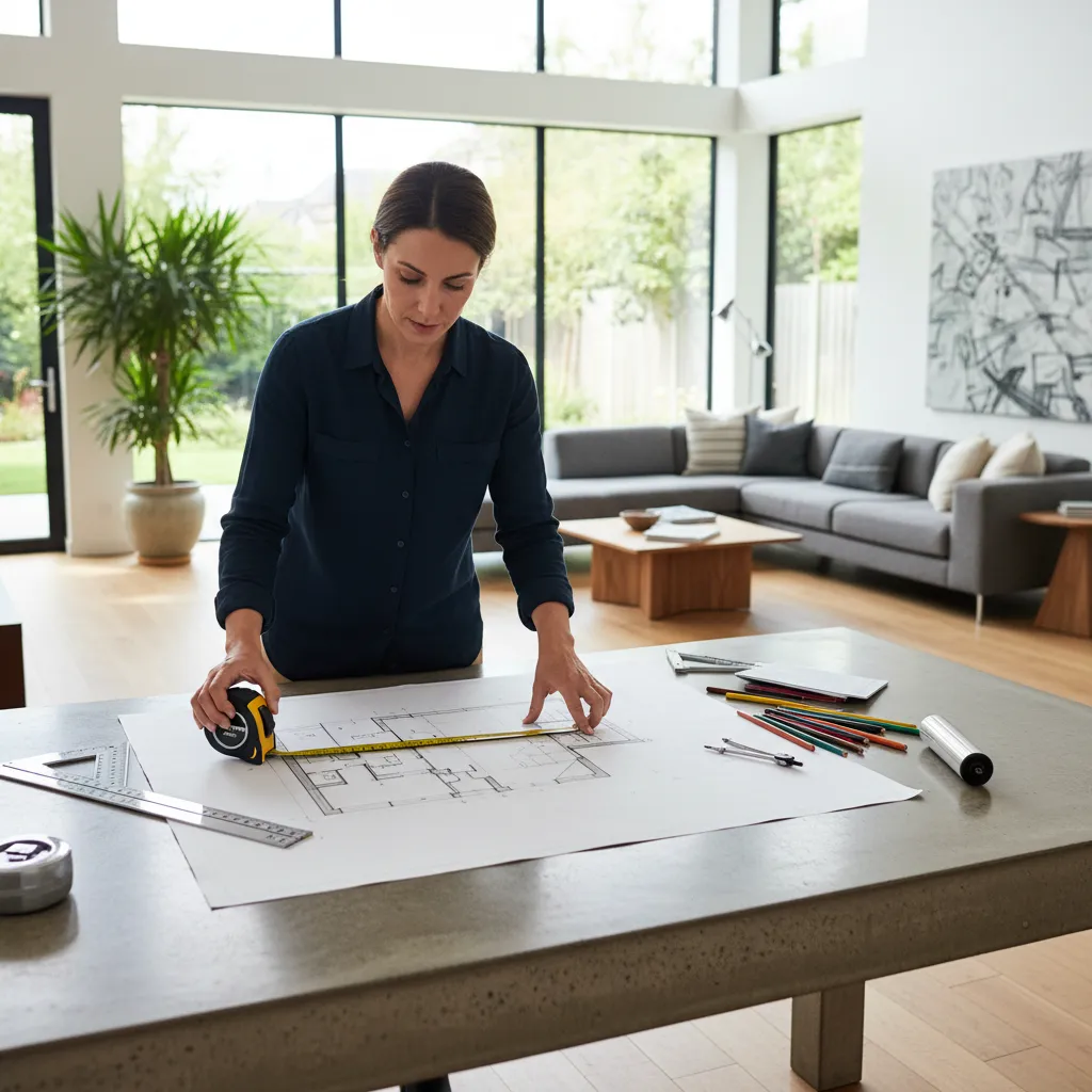 Woman using tape measure on paper floor plan drawing in modern living room with sofa