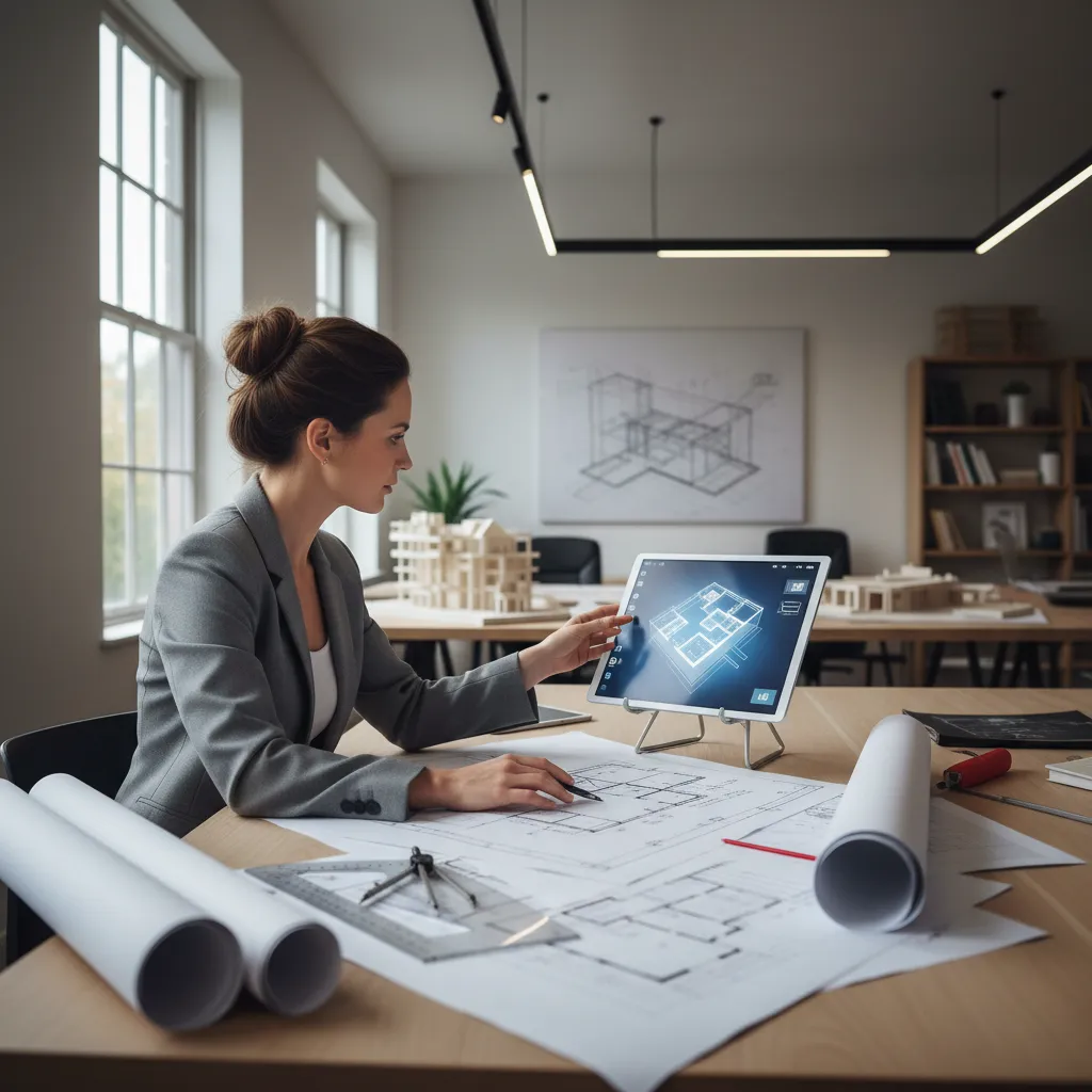 Woman working at a desk with paper floor plans and a tablet showing 3D layout