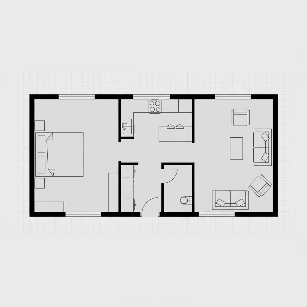 Simple 2D room layout showing a bedroom kitchen living area and small bathroom with furniture