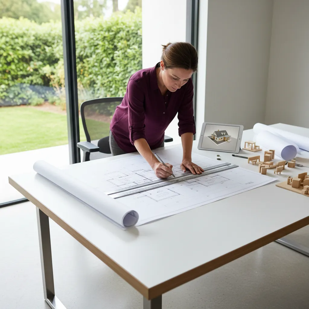 Professional woman drawing a house floor plan on paper with small house models and tablet