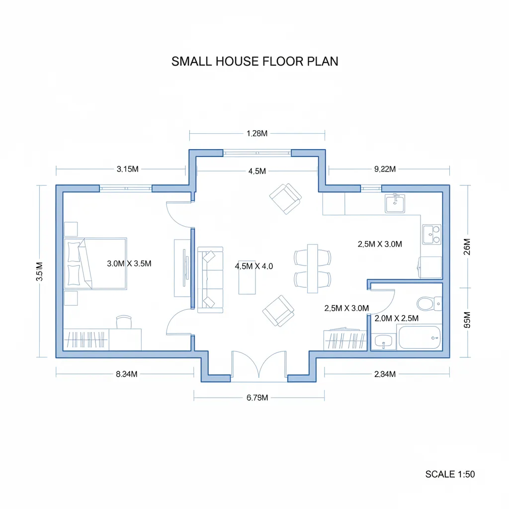 Small house interior design drawing showing one bedroom living room kitchen and bathroom with measurements