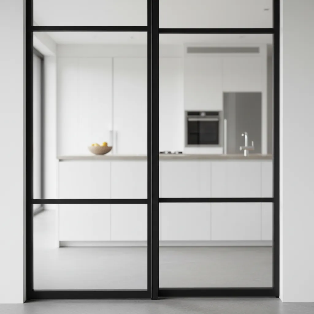 Detalle de perfilería fina de hierro en puerta corredera interior