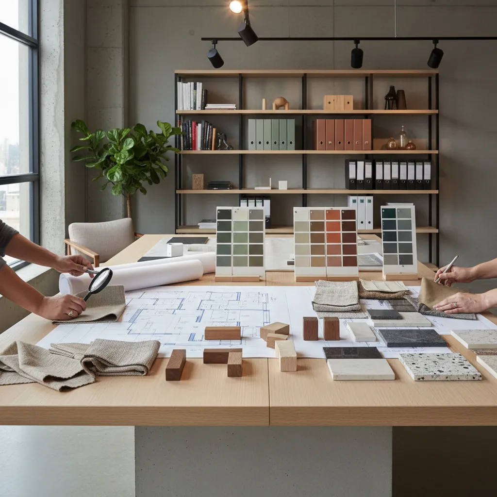 Mesa de trabajo con muestras de materiales y plano de diseño interior
