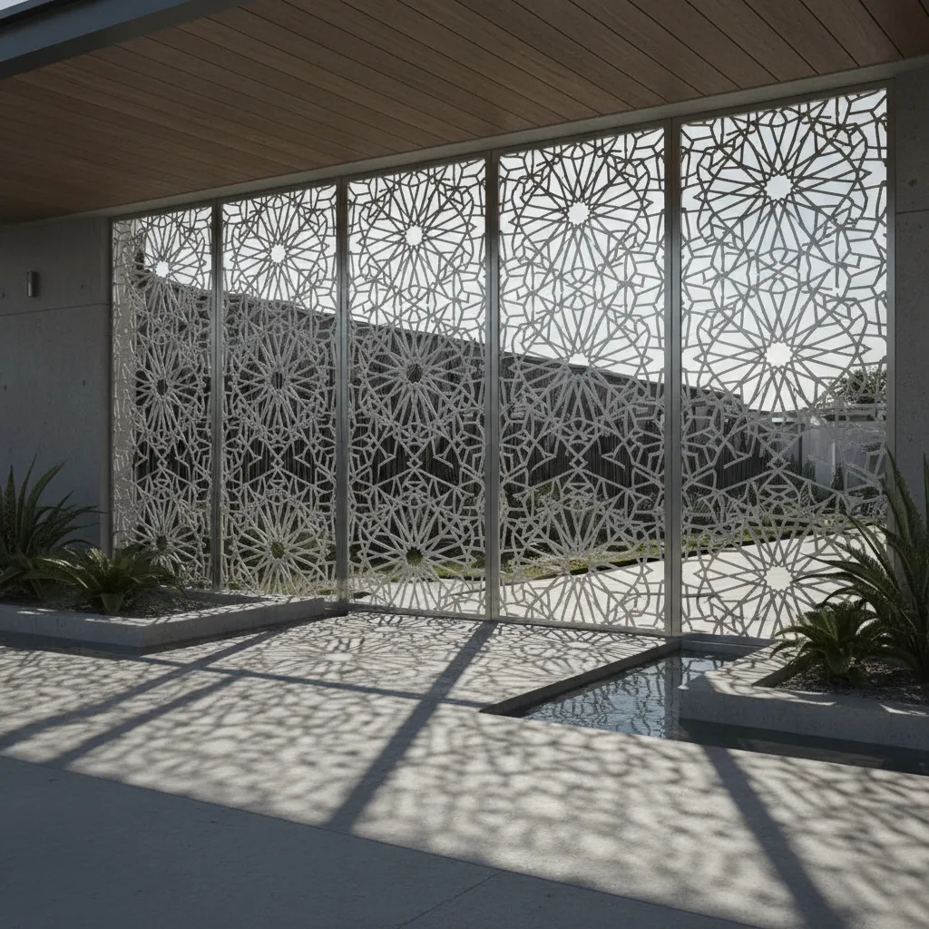 Perforated metal screen boundary wall design providing privacy and airflow