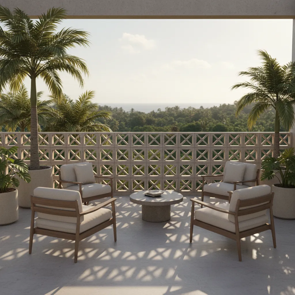 decorative perforated concrete parapet wall with geometric breeze block pattern