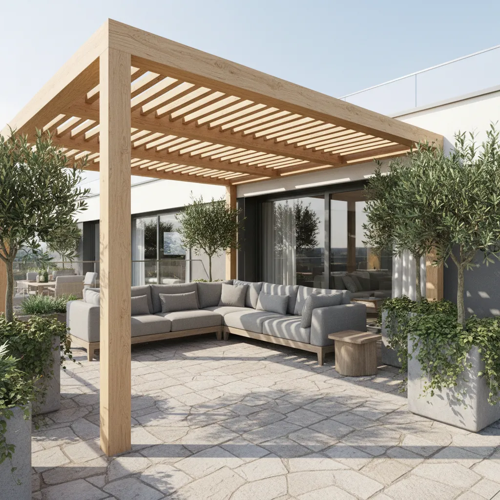 Wood pergola balcony canopy creating shaded terrace seating