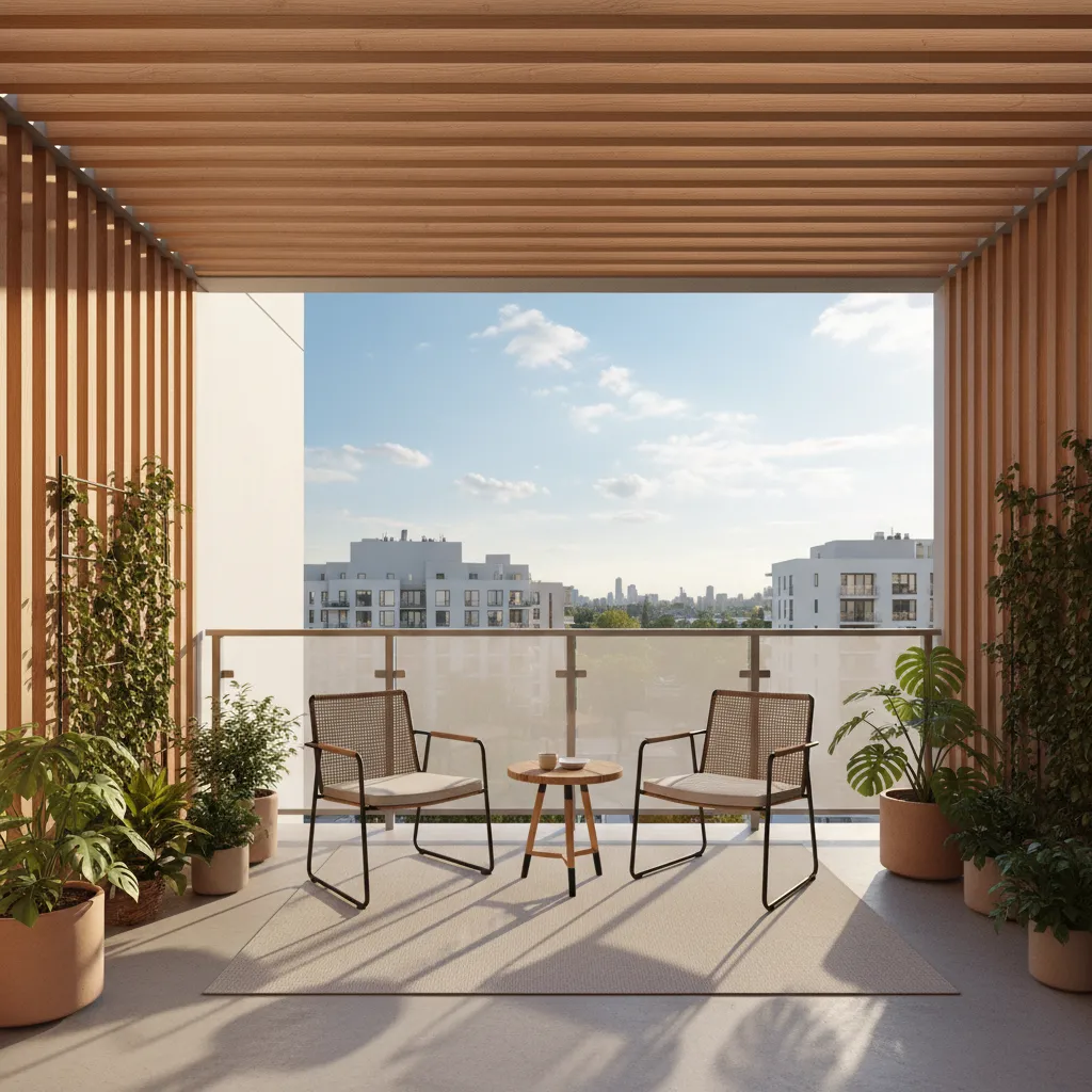 Wood pergola balcony roof creating patterned shade