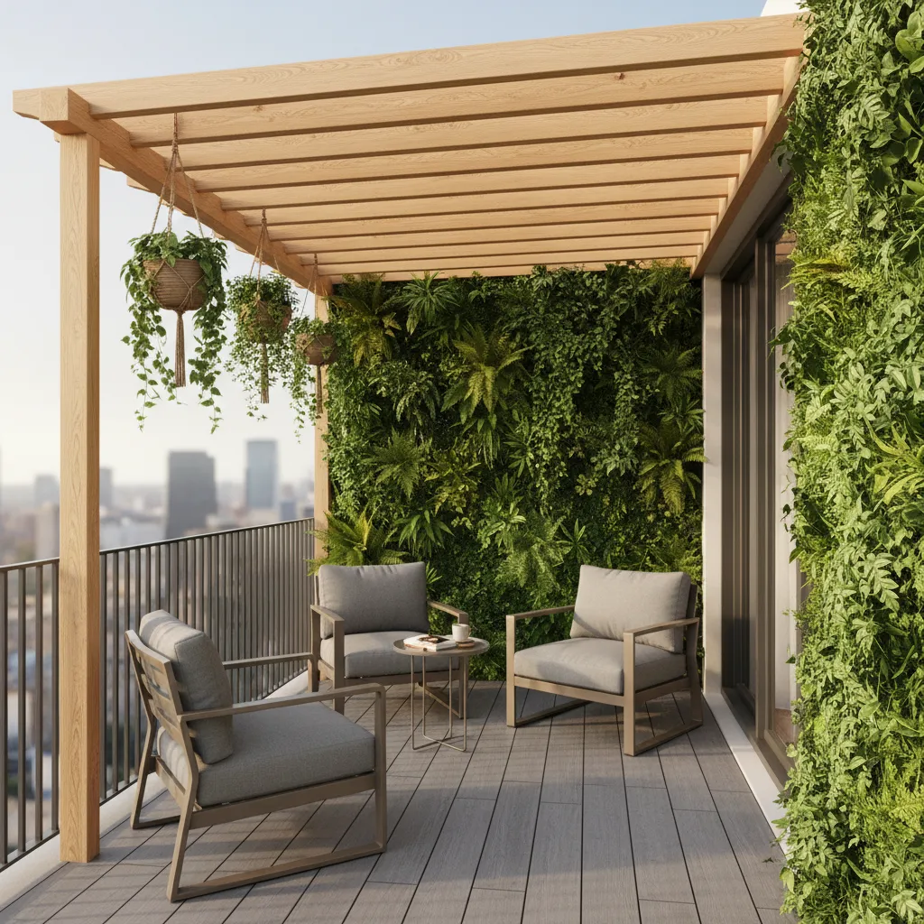 Pergola balcony roof with plants and shade screens creating cool outdoor space