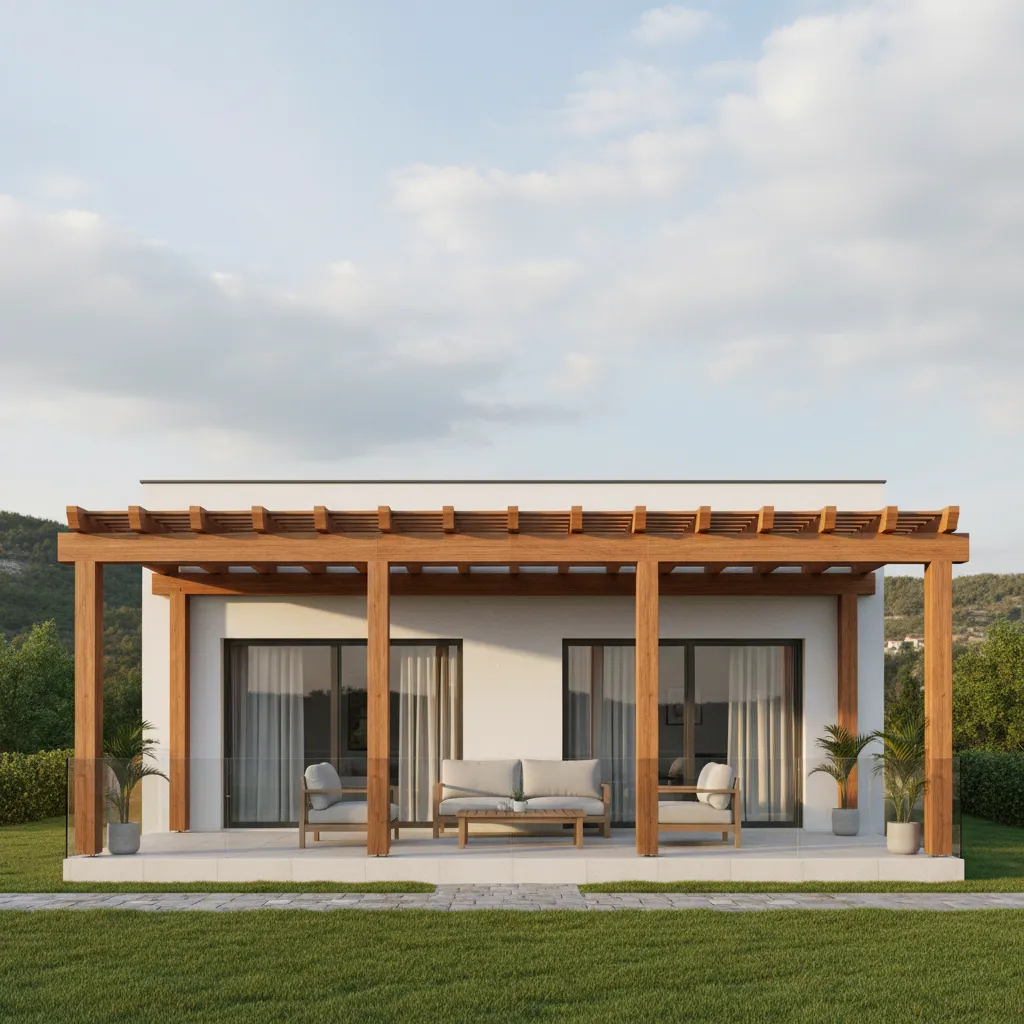 Single floor home balcony with wooden pergola shading