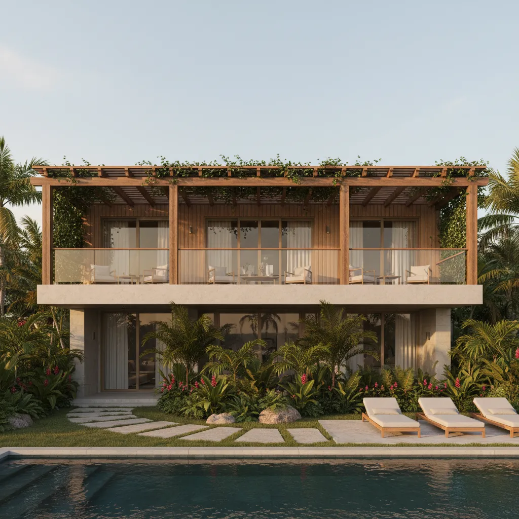 Pergola style balcony on a single floor house elevation