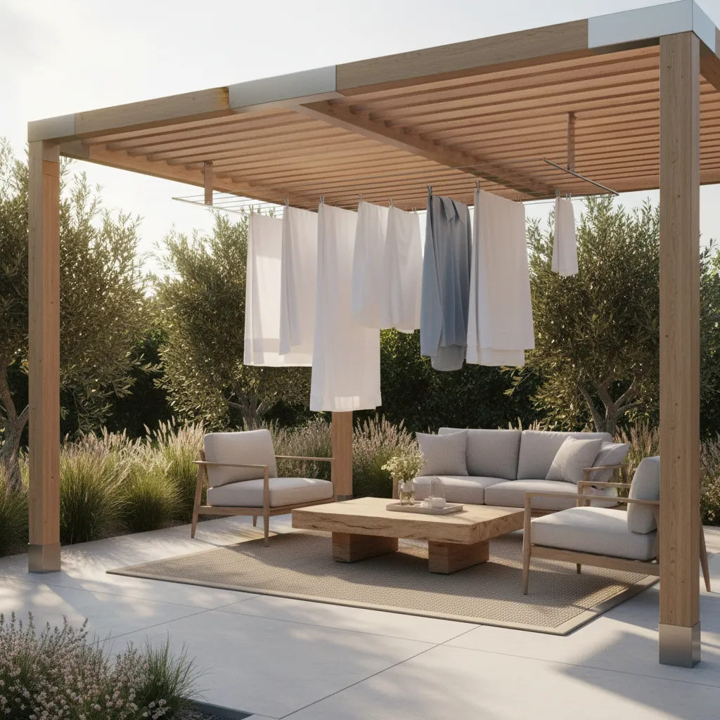 Modern pergola structure with integrated outdoor clothesline