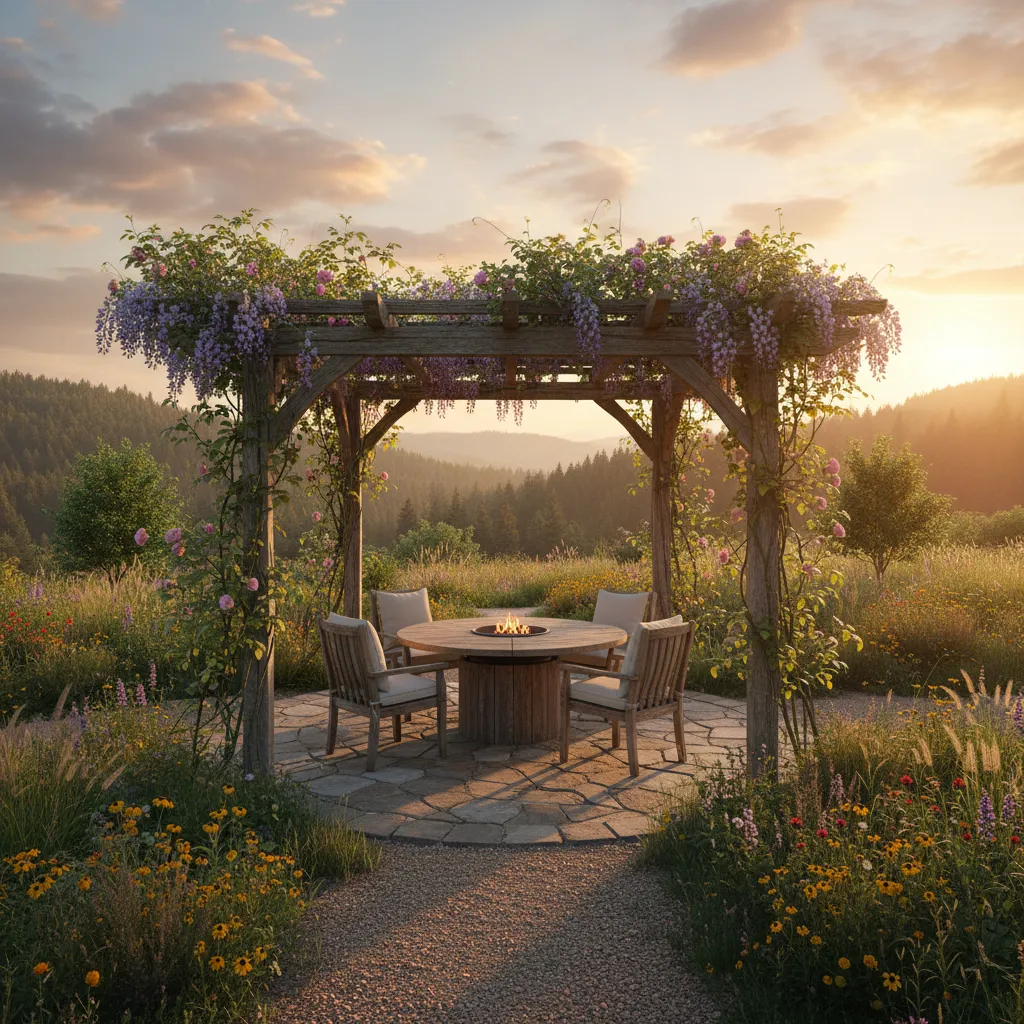 Pérgola de madera en un jardín de casa de campo
